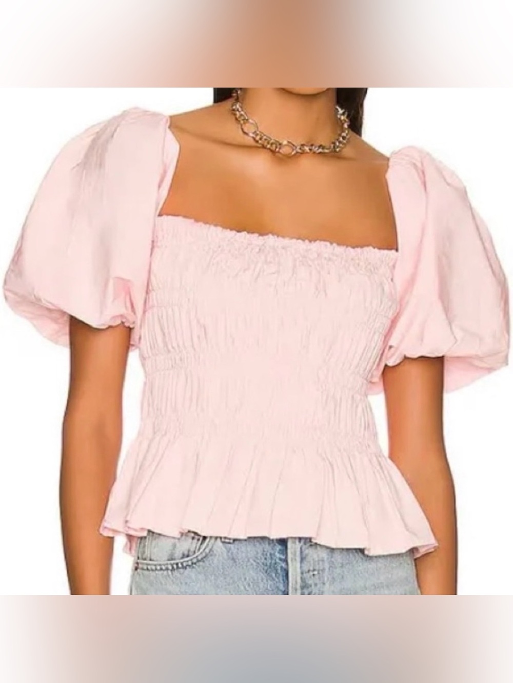 ASTR Savina- Smocked Square-Neck Puff Sleeve Top- pink